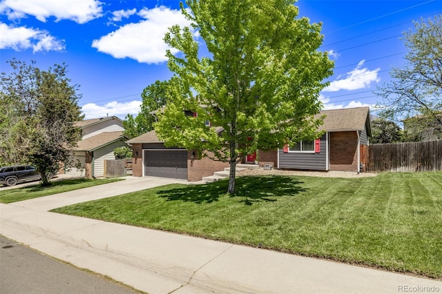 6062 S Newport St, Centennial, CO 80111 - obstructed view of property with brick siding, concrete driveway, an attached garage, and a shingled roof