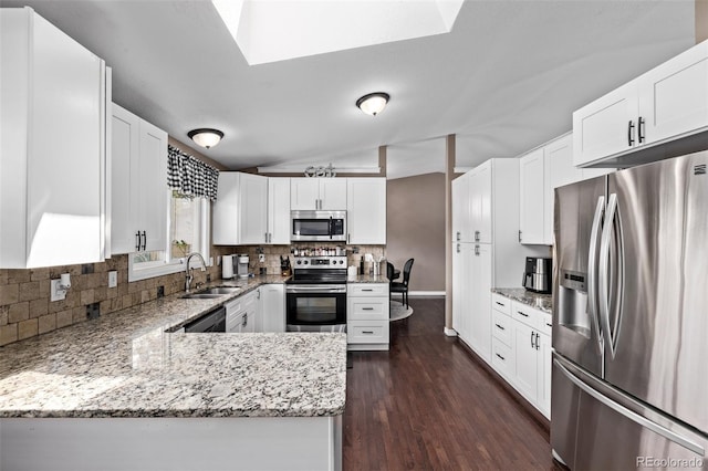6062 S Newport St, Centennial, CO 80111 - kitchen with appliances with stainless steel finishes, a sink, tasteful backsplash, light stone countertops, and dark wood-style flooring