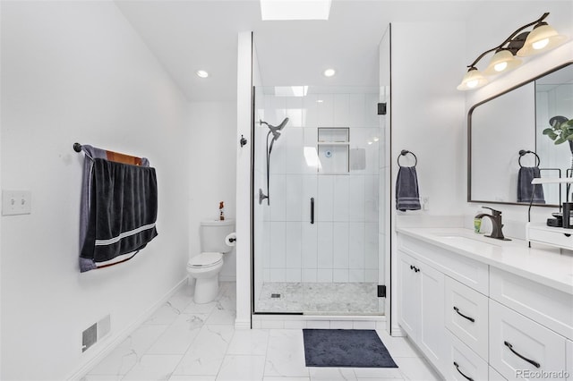 6062 S Newport St, Centennial, CO 80111 - bathroom with toilet, a stall shower, marble finish flooring, recessed lighting, and vanity