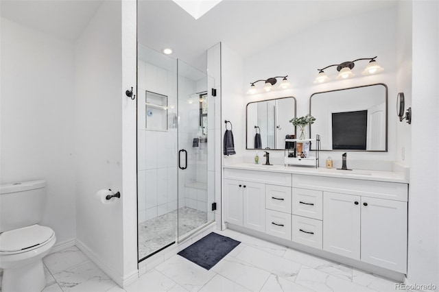 6062 S Newport St, Centennial, CO 80111 - bathroom with marble look tiles, toilet, a stall shower, double vanity, and baseboards