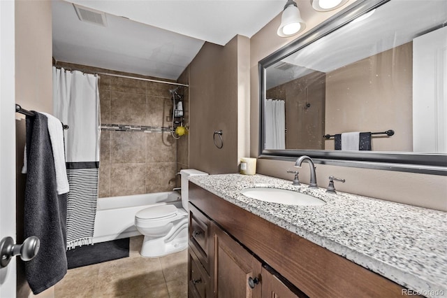 6062 S Newport St, Centennial, CO 80111 - full bathroom featuring vanity, toilet, tile patterned flooring, and shower / tub combo with curtain