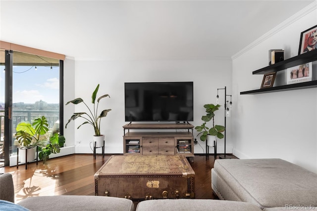 living area featuring crown molding, baseboards, and wood finished floors