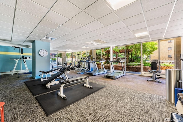 exercise room with baseboard heating, carpet, a paneled ceiling, and floor to ceiling windows