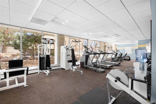 exercise room featuring expansive windows, plenty of natural light, and a paneled ceiling