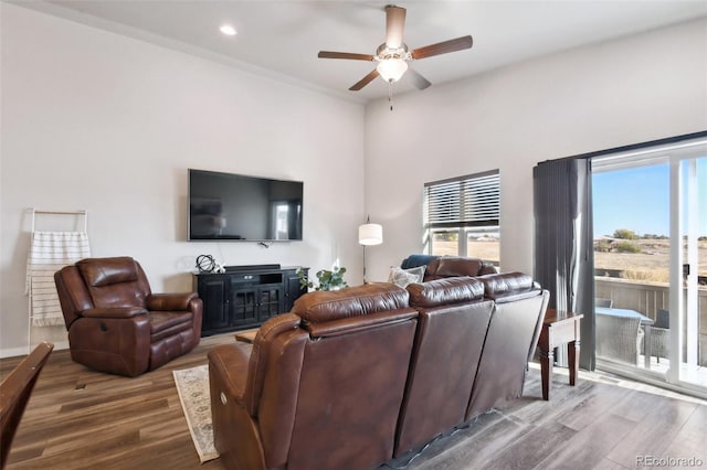 living room with hardwood / wood-style flooring and ceiling fan