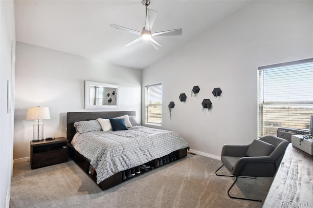 bedroom featuring high vaulted ceiling, carpet floors, and ceiling fan