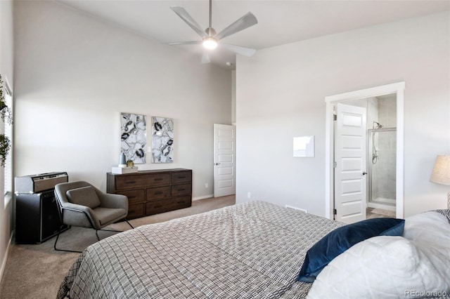 bedroom with light carpet and high vaulted ceiling