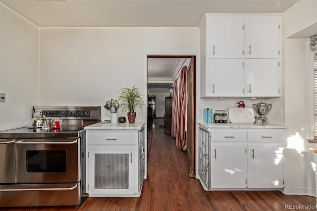 kitchen with white cabinetry, double oven range, and dark wood-type flooring