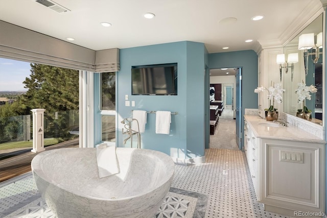 bathroom with vanity and a washtub