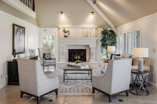 living room featuring high vaulted ceiling