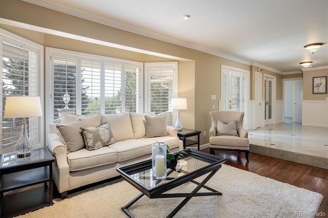 living room featuring ornamental molding and dark hardwood / wood-style flooring