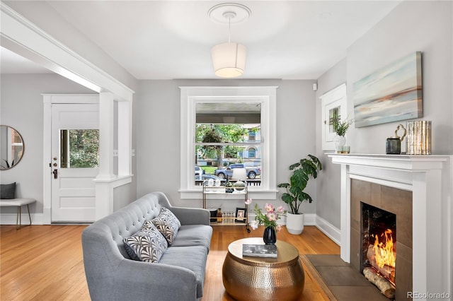 living room with wood finished floors, healthy amount of natural light, a fireplace with flush hearth, and baseboards