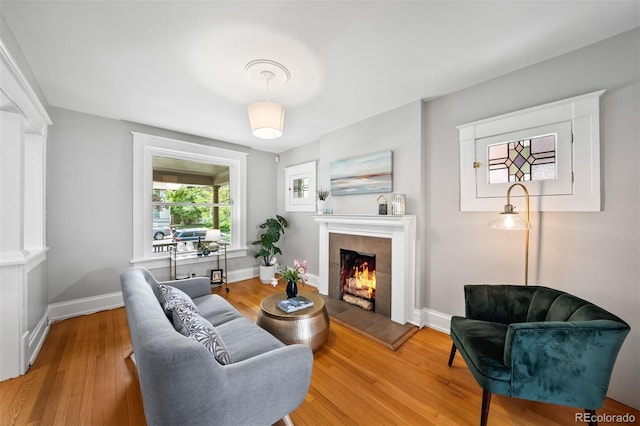 living room featuring a tiled fireplace, wood finished floors, and baseboards