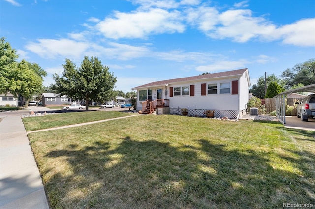 view of front of house featuring a front yard, central AC unit, and fence