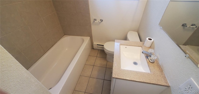 full bathroom featuring toilet, tile patterned floors, a baseboard heating unit, vanity, and independent shower and bath