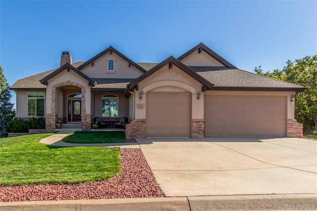 view of front facade featuring a chimney, stucco siding, concrete driveway, an attached garage, and a front lawn