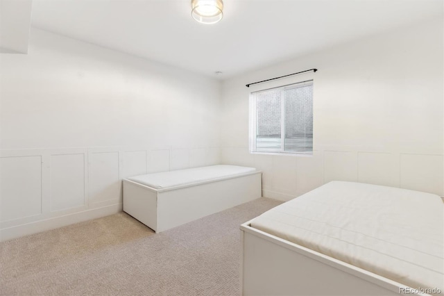 bedroom featuring light carpet, a wainscoted wall, and a decorative wall