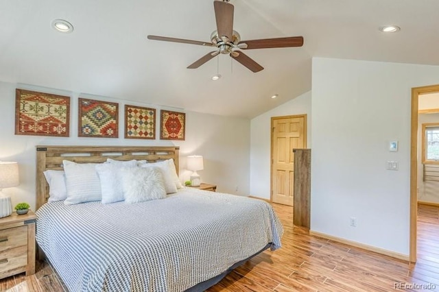 38 D Rd, Silverthorne, CO 80498 - bedroom with wood finished floors, recessed lighting, vaulted ceiling, baseboards, and a ceiling fan
