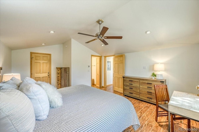 38 D Rd, Silverthorne, CO 80498 - bedroom with vaulted ceiling, light wood finished floors, a ceiling fan, and recessed lighting