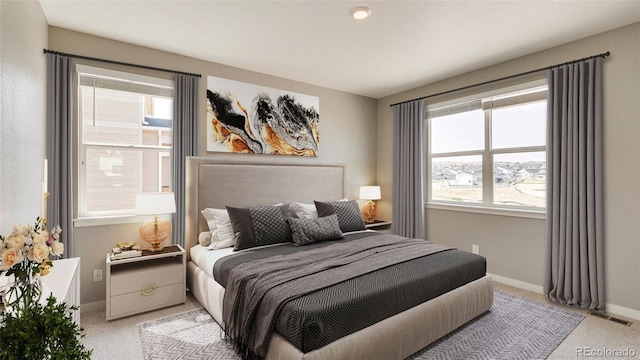 bedroom with carpet, visible vents, and baseboards