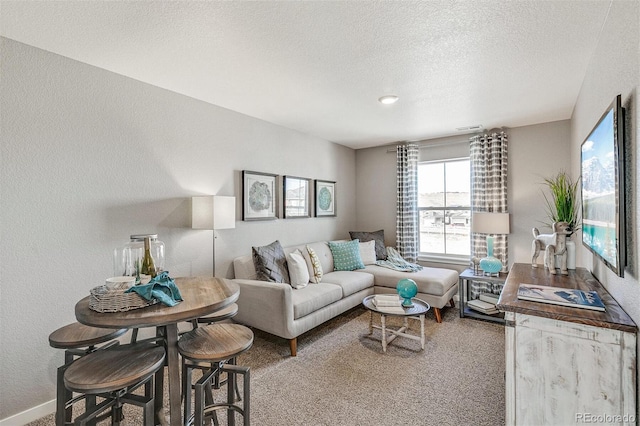 carpeted living room featuring a textured ceiling