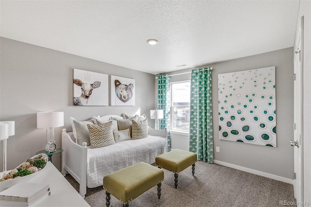 carpeted bedroom with a textured ceiling