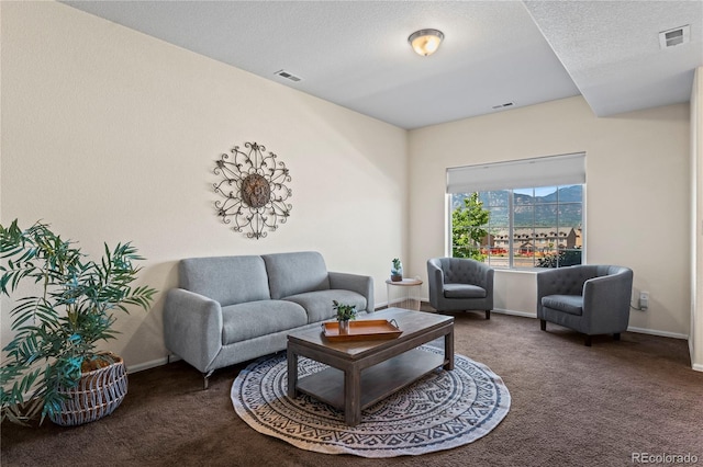 carpeted living area with baseboards and a textured ceiling