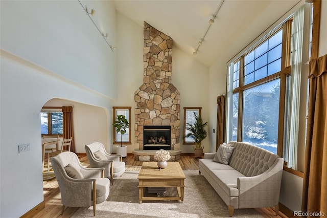 living room featuring a fireplace, high vaulted ceiling, and light wood-type flooring