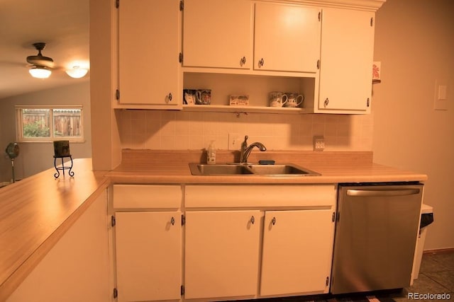 6213 Gray St, Arvada, CO 80003 - kitchen featuring stainless steel dishwasher, a sink, decorative backsplash, light countertops, and open shelves