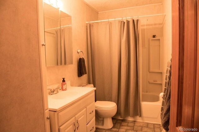 6213 Gray St, Arvada, CO 80003 - bathroom with vanity, toilet, and shower / bathtub combination with curtain