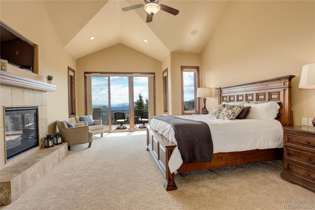 28800 Stonecrop Trl, Conifer, CO 80433 - carpeted bedroom featuring access to outside, a tiled fireplace, high vaulted ceiling, ceiling fan, and recessed lighting