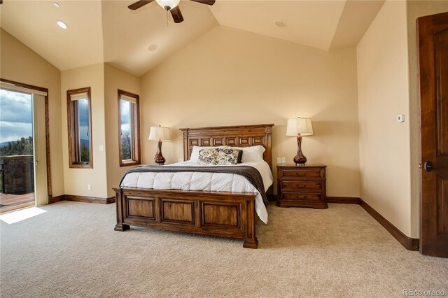 28800 Stonecrop Trl, Conifer, CO 80433 - bedroom with access to outside, light colored carpet, vaulted ceiling, baseboards, and a ceiling fan
