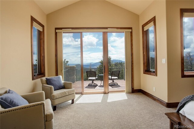 28800 Stonecrop Trl, Conifer, CO 80433 - sitting room with a mountain view, carpet flooring, lofted ceiling, and baseboards