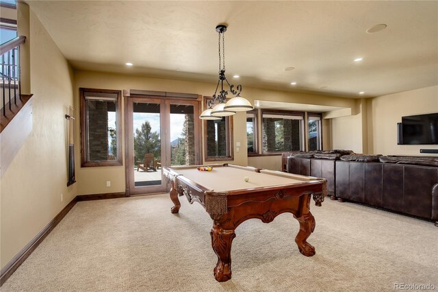 28800 Stonecrop Trl, Conifer, CO 80433 - recreation room featuring light carpet, pool table, baseboards, and recessed lighting