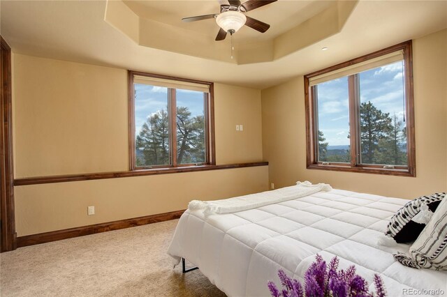 28800 Stonecrop Trl, Conifer, CO 80433 - bedroom with a tray ceiling, carpet floors, baseboards, and a ceiling fan