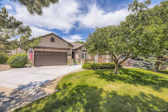 11070 Meade Ct, Westminster, CO 80031 - single story home with stone siding, stucco siding, driveway, a garage, and a front yard