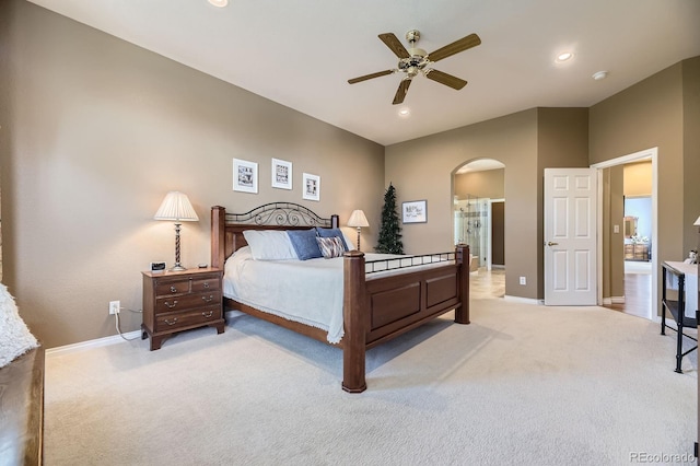 11070 Meade Ct, Westminster, CO 80031 - bedroom featuring light carpet, arched walkways, recessed lighting, and ceiling fan