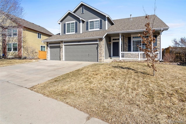 view of front of house with a porch, an attached garage, concrete driveway, stone siding, and roof with shingles