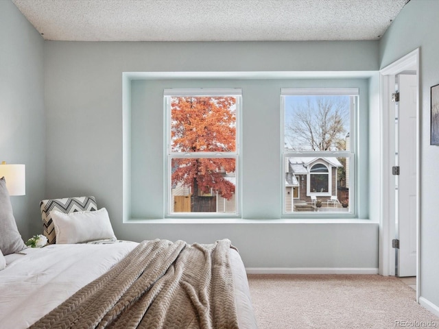 carpeted bedroom featuring a textured ceiling and multiple windows