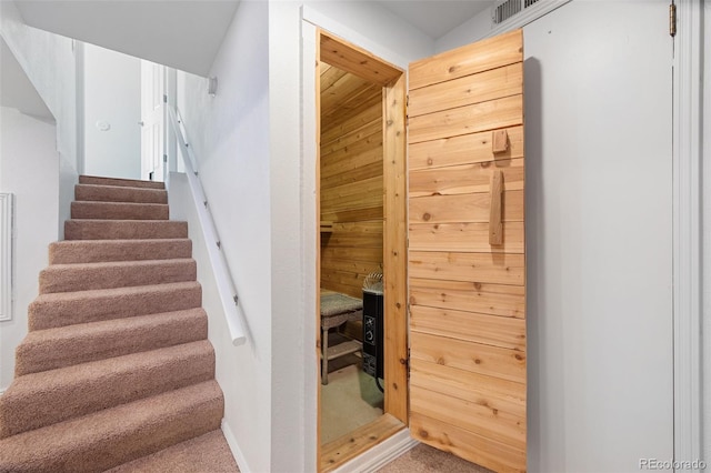 stairs with carpet floors and wooden walls