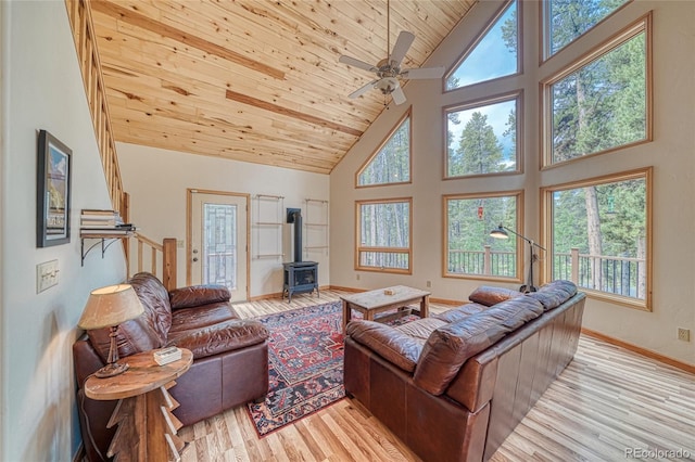 988 Ruby Ln, Leadville, CO 80461 - living area with high vaulted ceiling, a wood stove, light wood-style floors, wood ceiling, and ceiling fan
