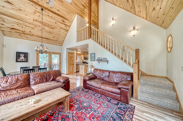 988 Ruby Ln, Leadville, CO 80461 - living area featuring high vaulted ceiling, wood finished floors, stairs, wood ceiling, and a chandelier