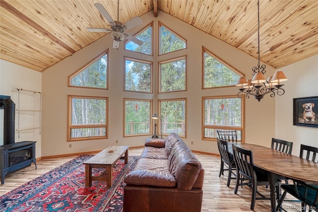 988 Ruby Ln, Leadville, CO 80461 - living area with wood ceiling, light wood-type flooring, high vaulted ceiling, a wood stove, and ceiling fan