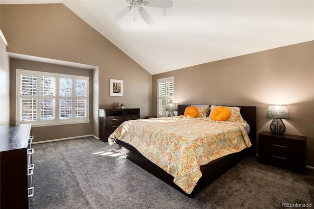 bedroom with multiple windows, dark colored carpet, high vaulted ceiling, and ceiling fan