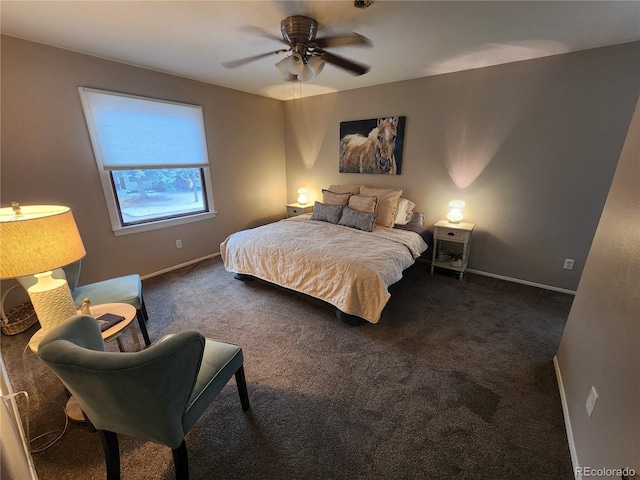 bedroom featuring dark carpet and baseboards