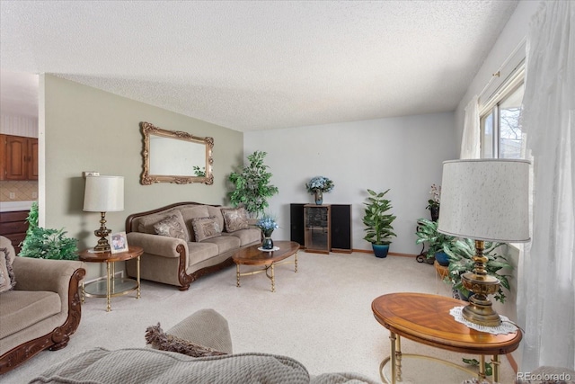 living room featuring carpet floors and a textured ceiling
