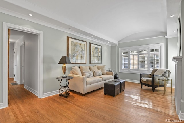 living room with lofted ceiling and light wood-type flooring