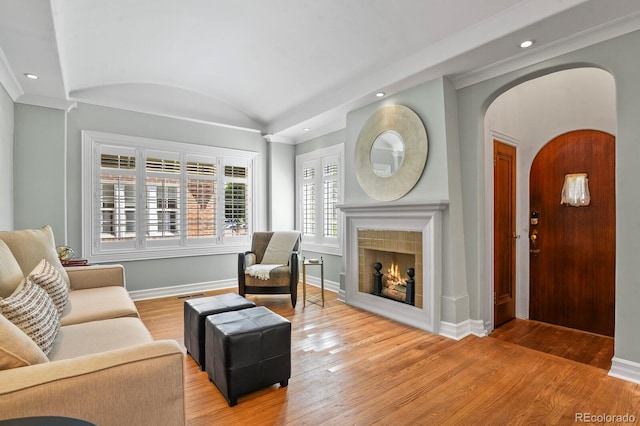 living room featuring vaulted ceiling and hardwood / wood-style floors