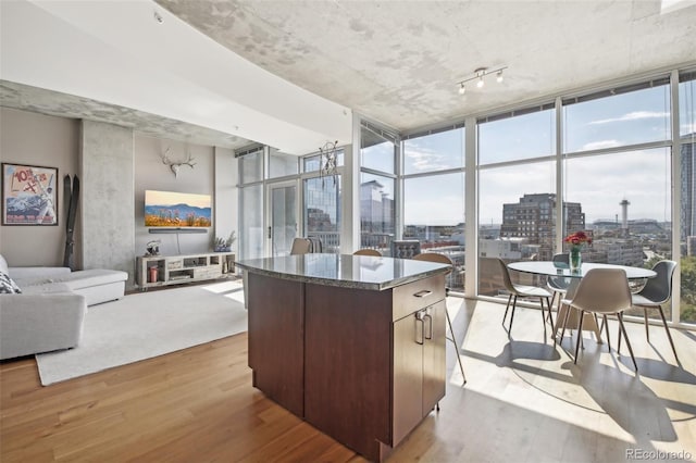 kitchen with a kitchen island, light wood-type flooring, a wall of windows, and dark brown cabinets