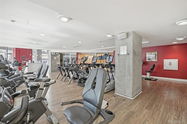 exercise room with light hardwood / wood-style flooring